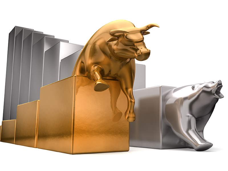 A gold bull and a platinum bear economic trends competing side by side on an isolated white background