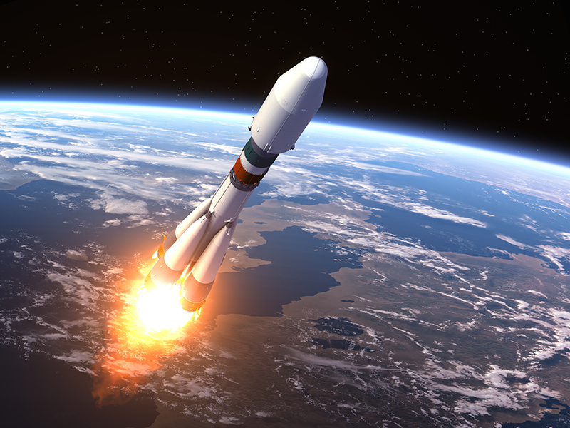 Heavy Carrier Rocket Launch. Realistic 3D Scene.