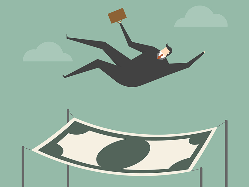 Businessman falling into a financial safety net. Business concept cartoon illustration.