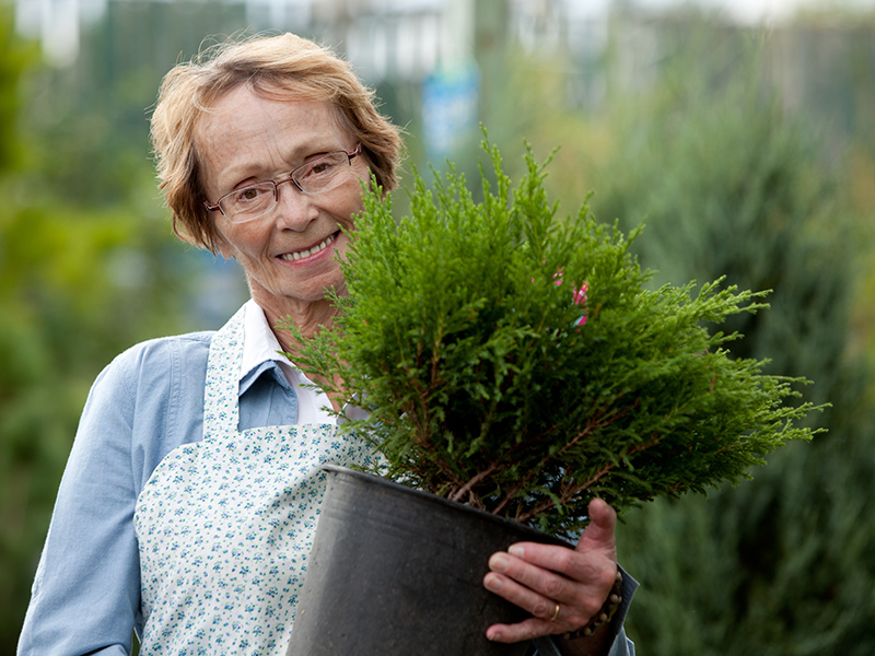 portrait of a senior woman standing with a small tree