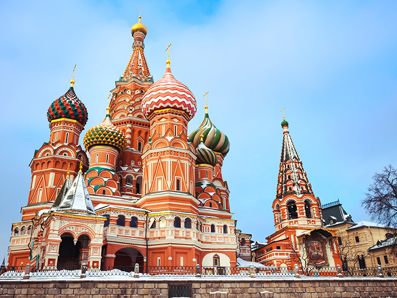 Beautiful Moscow Attraction - saint Basil's Cathedral with colorful domes on Red Square at winter