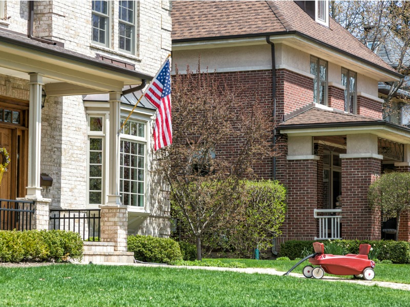 American home with us flag stock photo