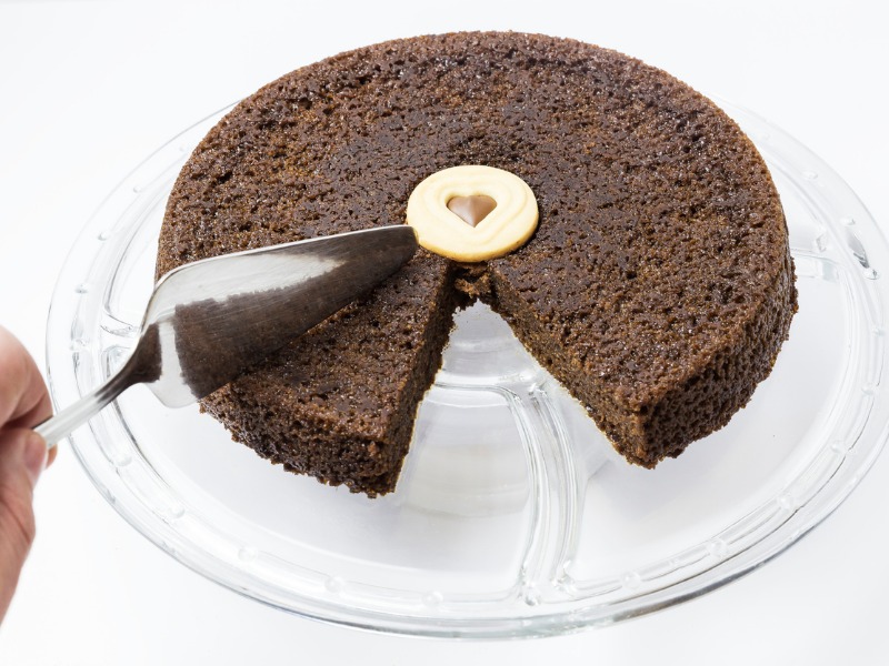 Chocolate cake with a heart paste in the center stock photo
