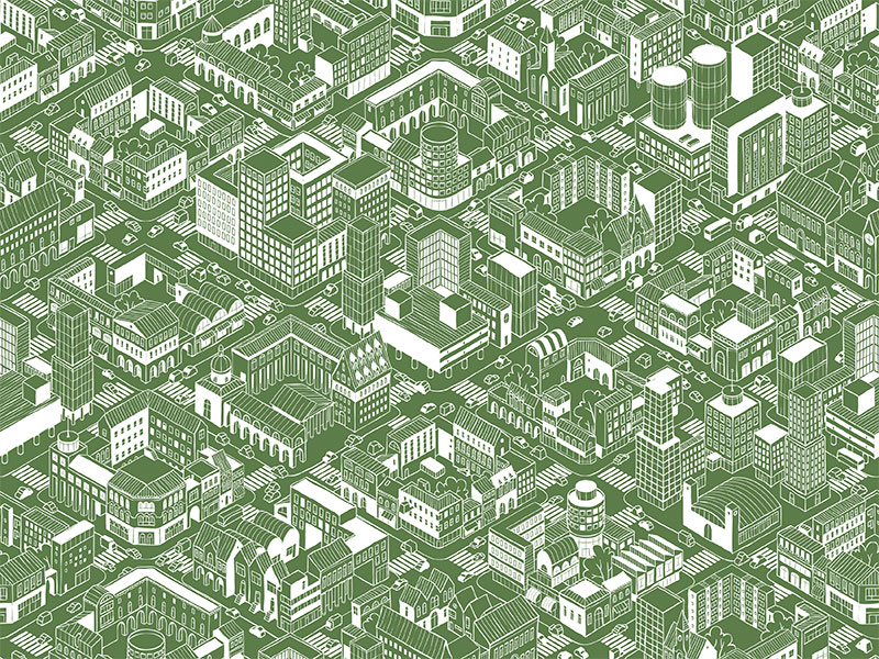 City Urban Blocks Seamless Pattern (Large) in isometric projection is hand drawing with perimeter blocks, courtyards, streets and traffic.