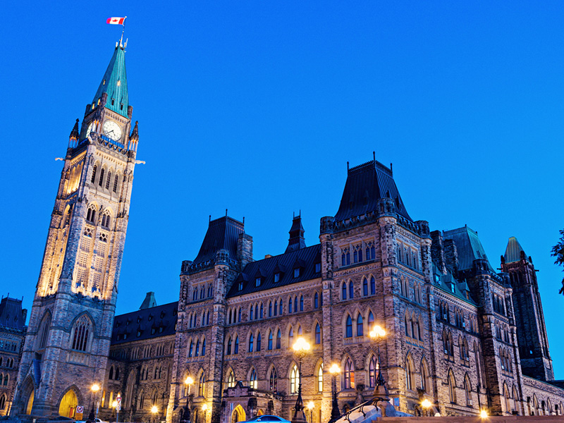 Parliament buildings at night in Ottawa
