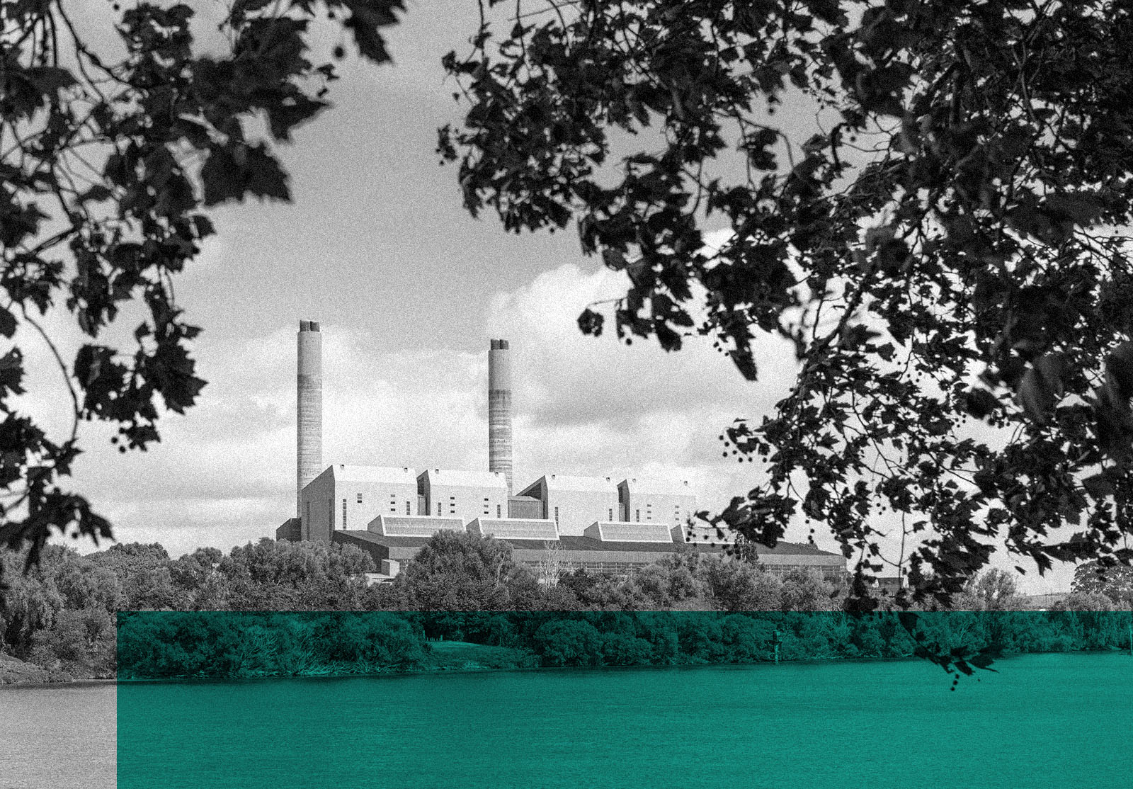 Leaves in the foreground around a coal-fired power station