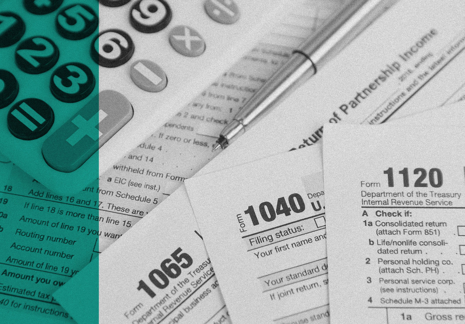Tax season. calculator, pen on US tax form background