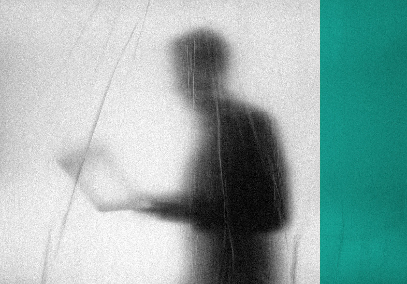 Silhouette of man with computer behind a curtain that blurs his identity