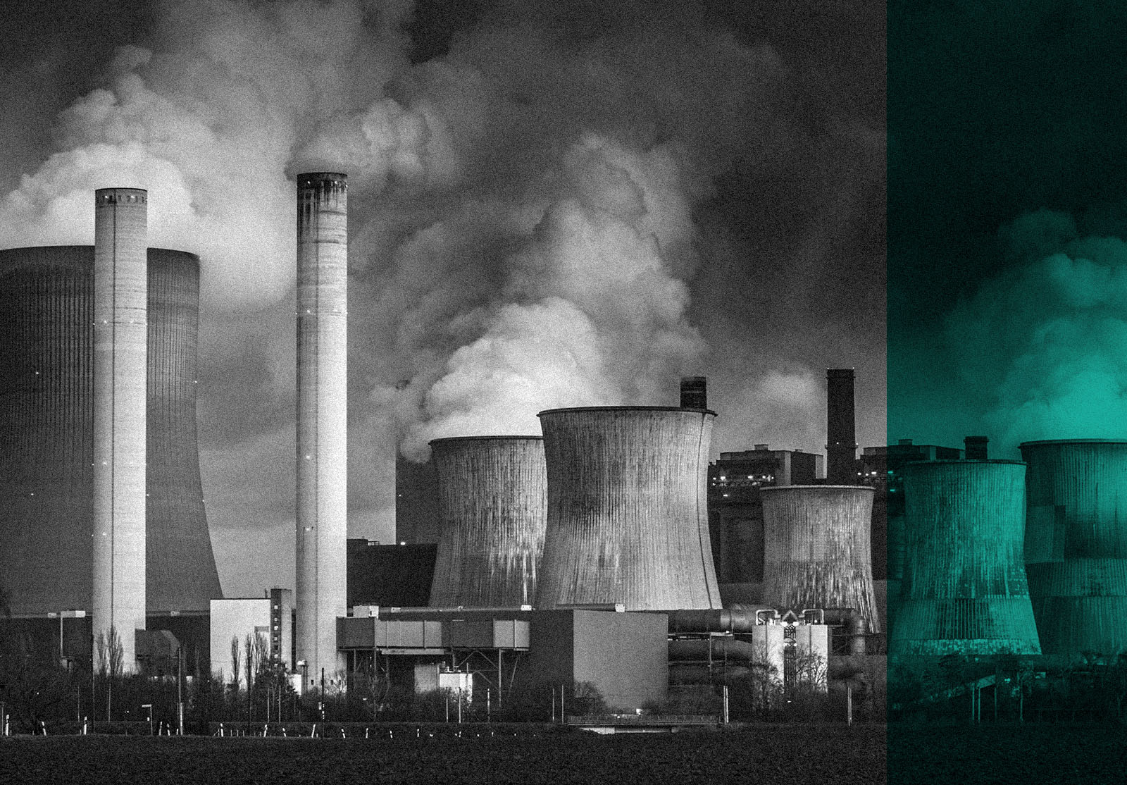 Chimneys and cooling towers from a coal fired power station releasing smoke into the atmosphere.