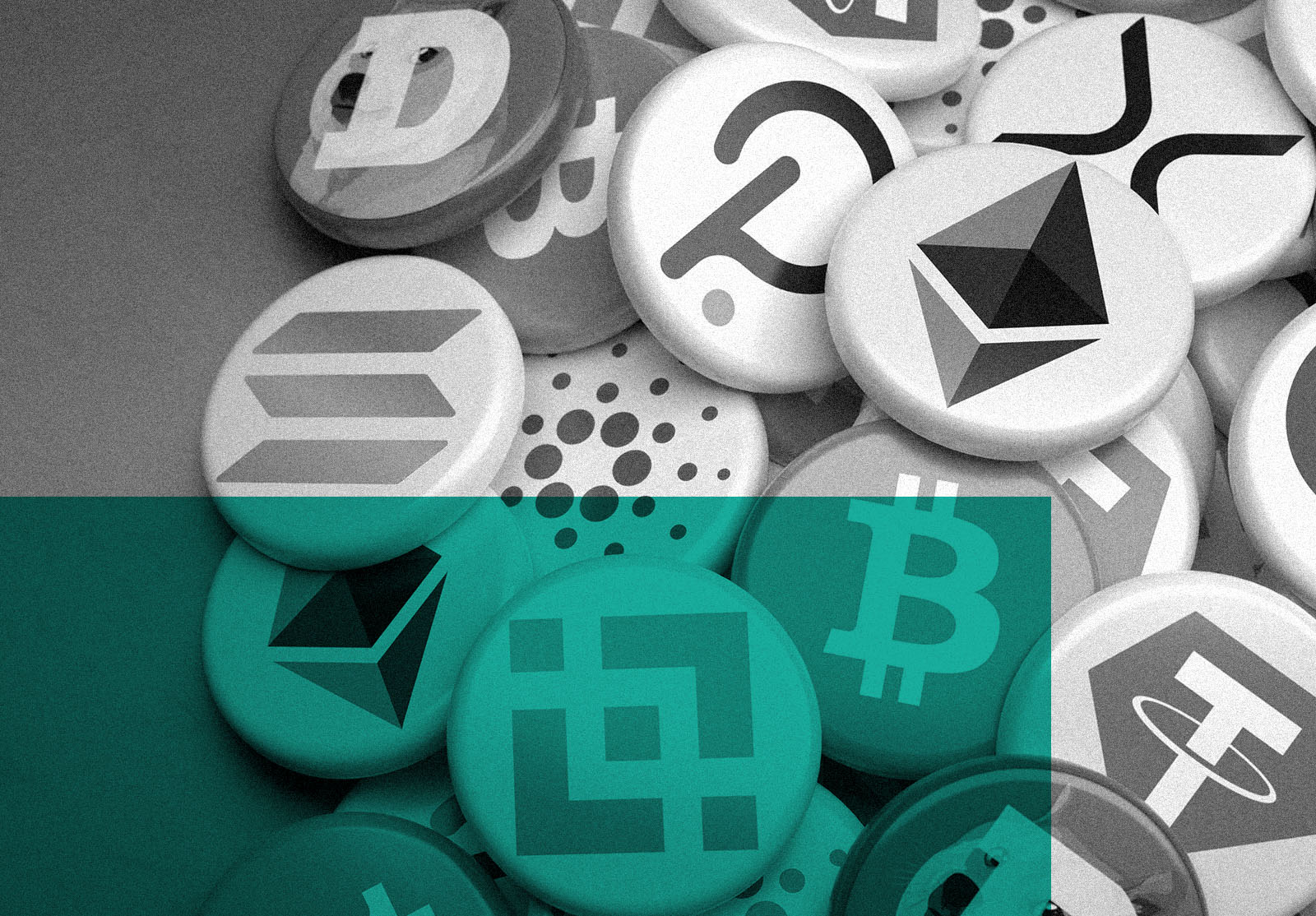 Logos of the main cryptocurrencies Bitcoin, Ethereum, Binance, Cardano, Ripple, Dogecoin, Tether, Solana, Polkadot on a heap on a table.