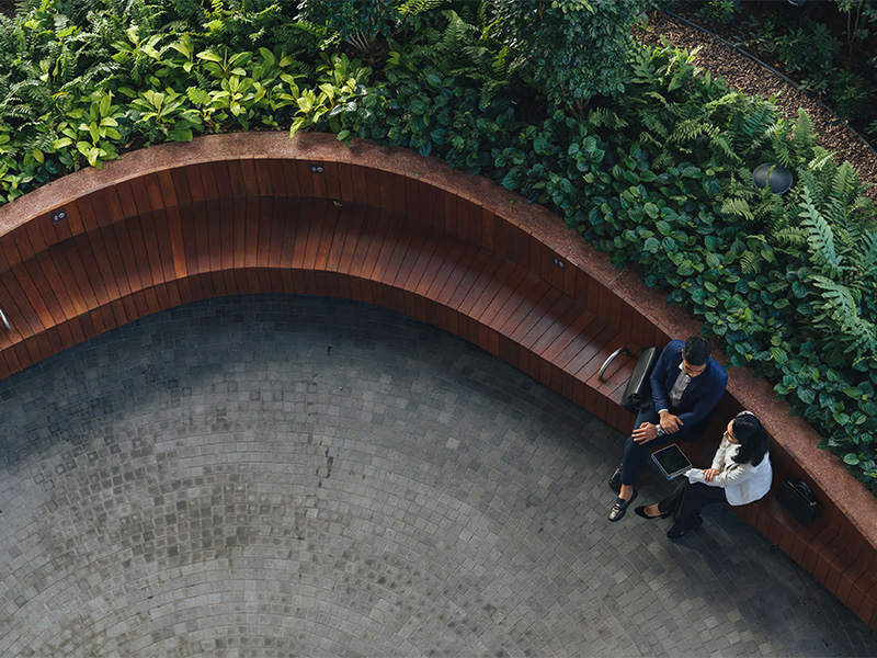 View from above of man and woman in business attire in a thoughtful conversation sitting on a bench among plants.