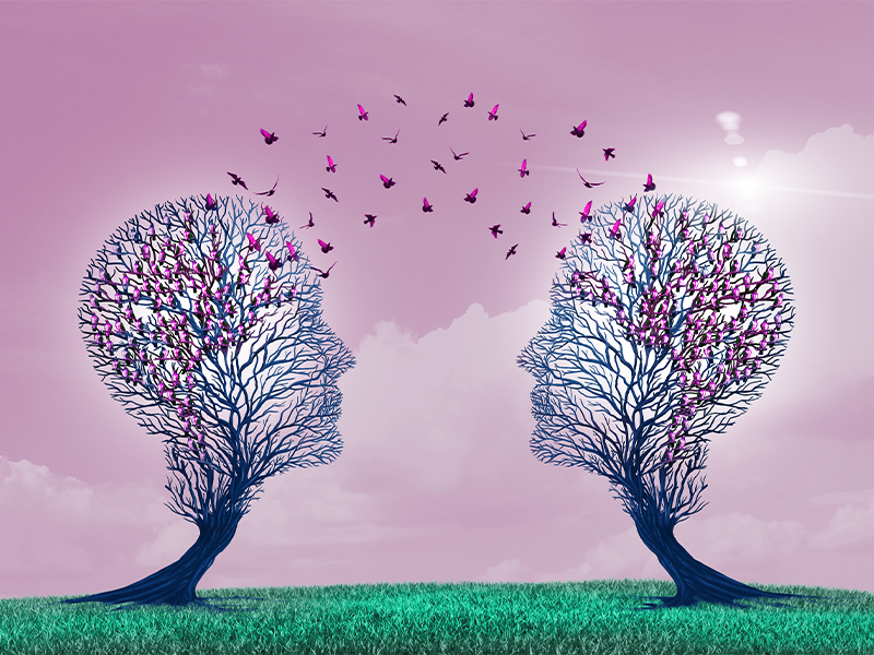 Two tree faces engaged in a serene gaze, surrounded by fluttering butterflies against a backdrop of the pink sky.